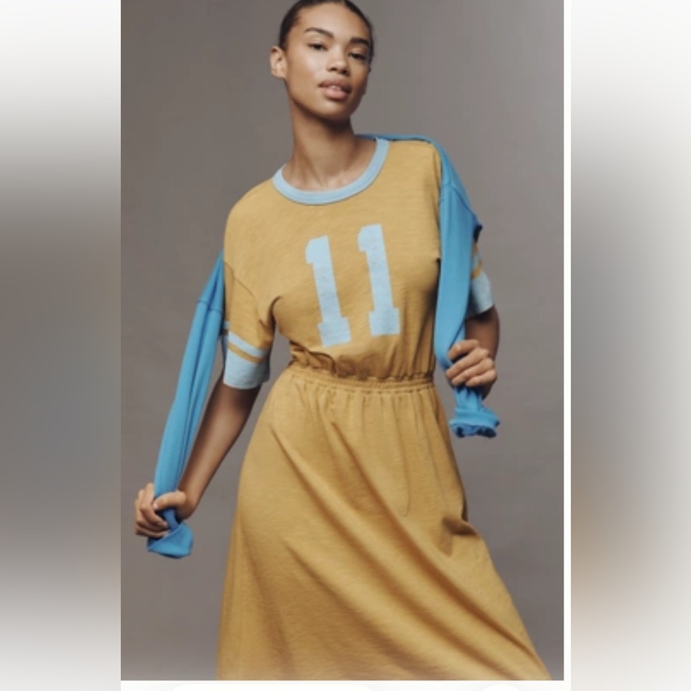 Sundry Mustard Dress with Light Blue Details